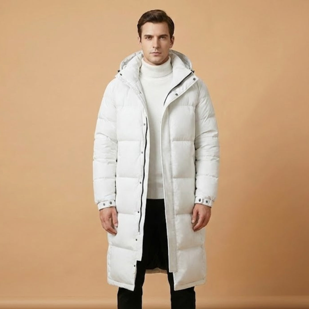 Modern men's hooded long quilted winter coat, designed for maximum warmth and comfort in severe cold weather.