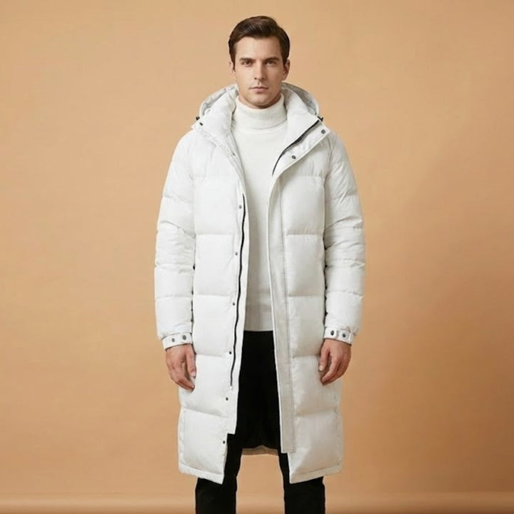 Modern men's hooded long quilted winter coat, designed for maximum warmth and comfort in severe cold weather.