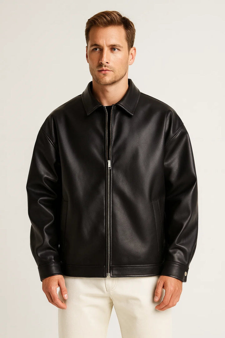 Men's black oversized biker jacket with classic collar & front zip. Stylish streetwear outerwear for a versatile look.