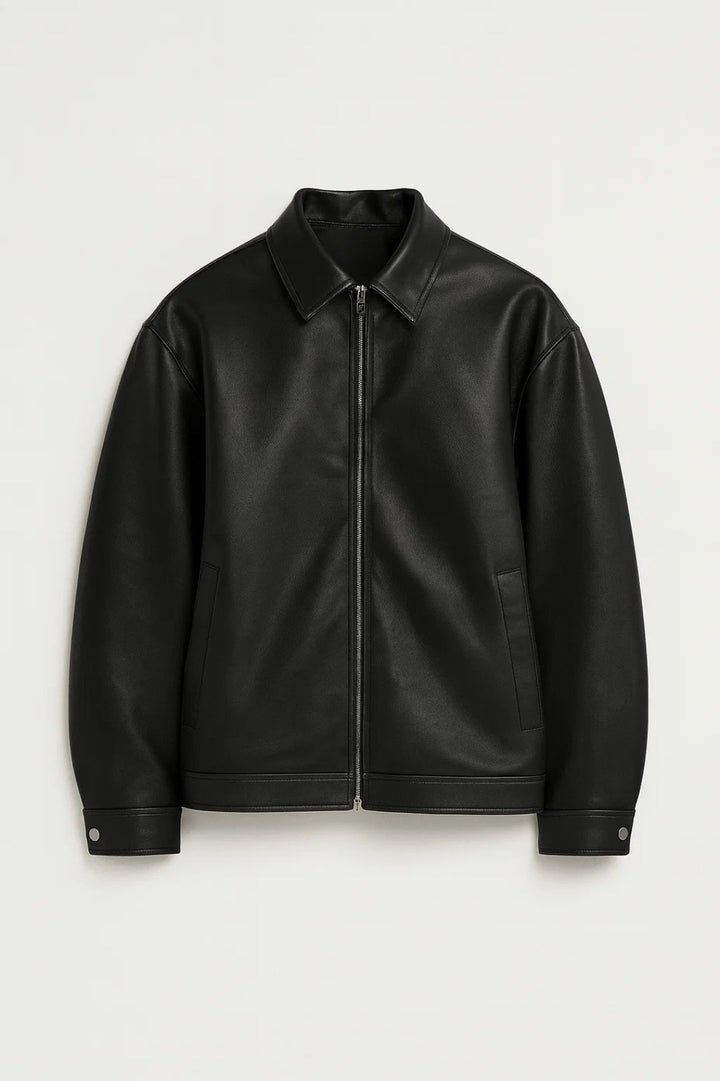 Oversized men's biker jacket, hip-length with zip closure. Casual streetwear outerwear, perfect for comfortable fashion.
