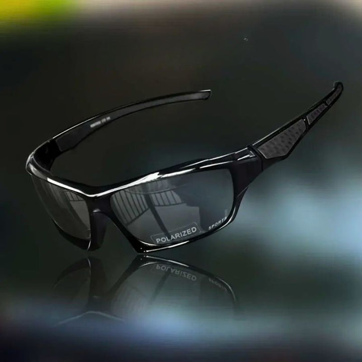 Grey polarized shield sunglasses. Men's fashion eyewear providing clear vision & full UV protection.
