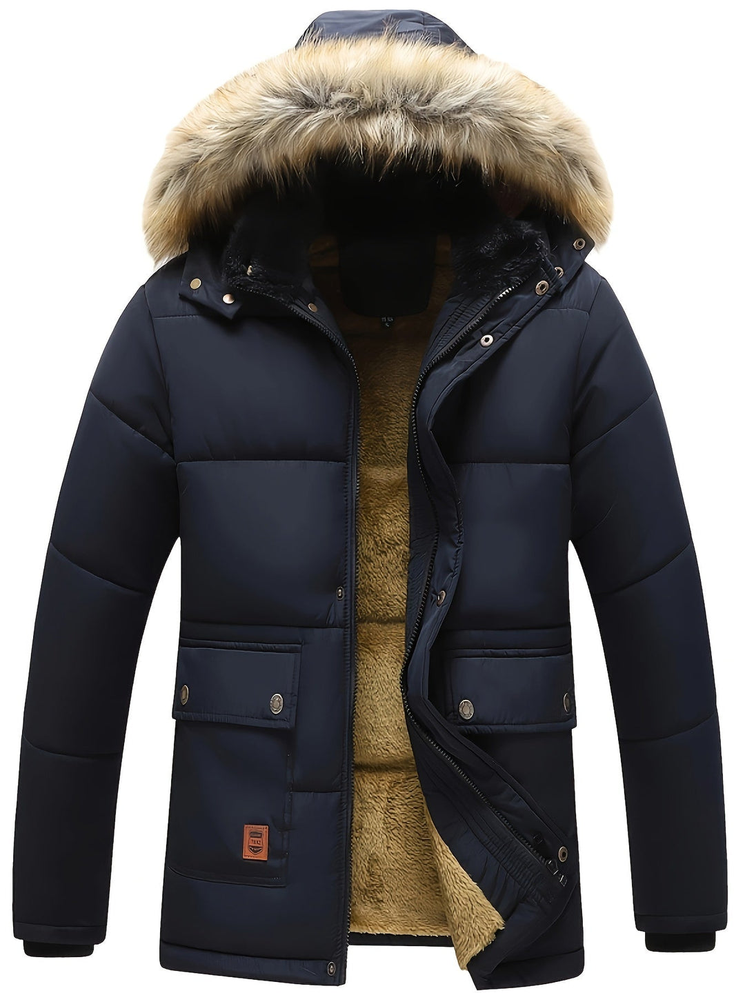 Men's black quilted puffer jacket with hood for winter. Warm men's outerwear.