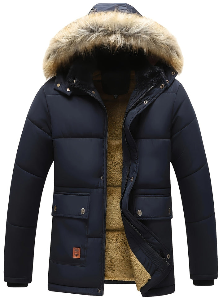Men's black quilted puffer jacket with hood for winter. Warm men's outerwear.