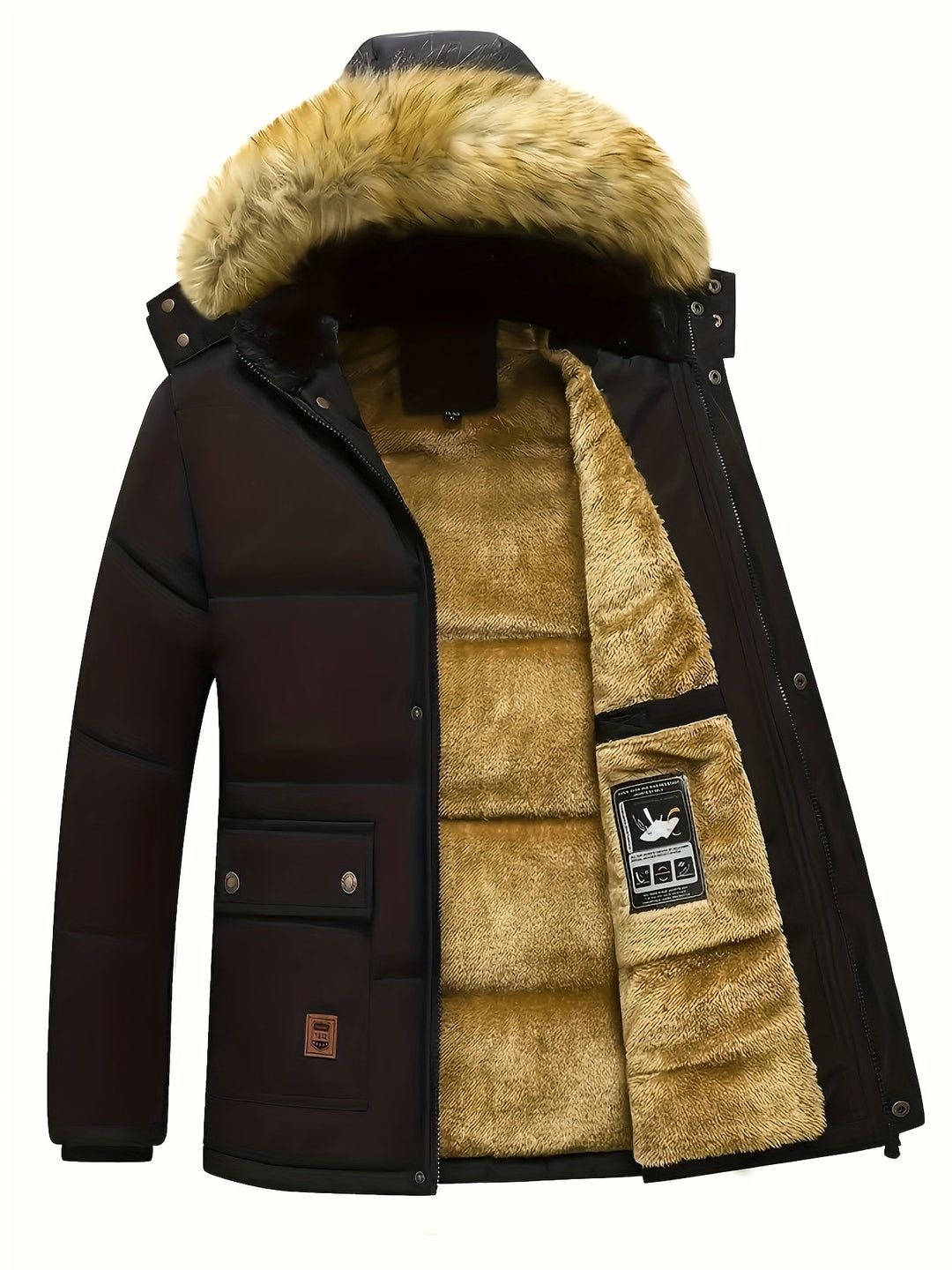 Warm men's hooded puffer jacket, perfect for cold weather outdoor activities.