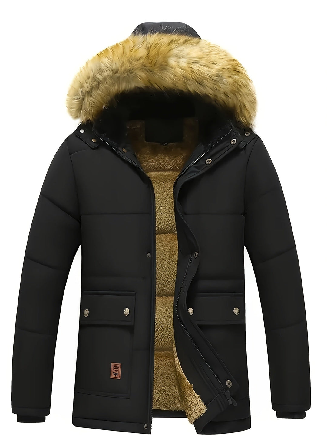 Stylish men's quilted winter coat, a warm puffer jacket with a hood.