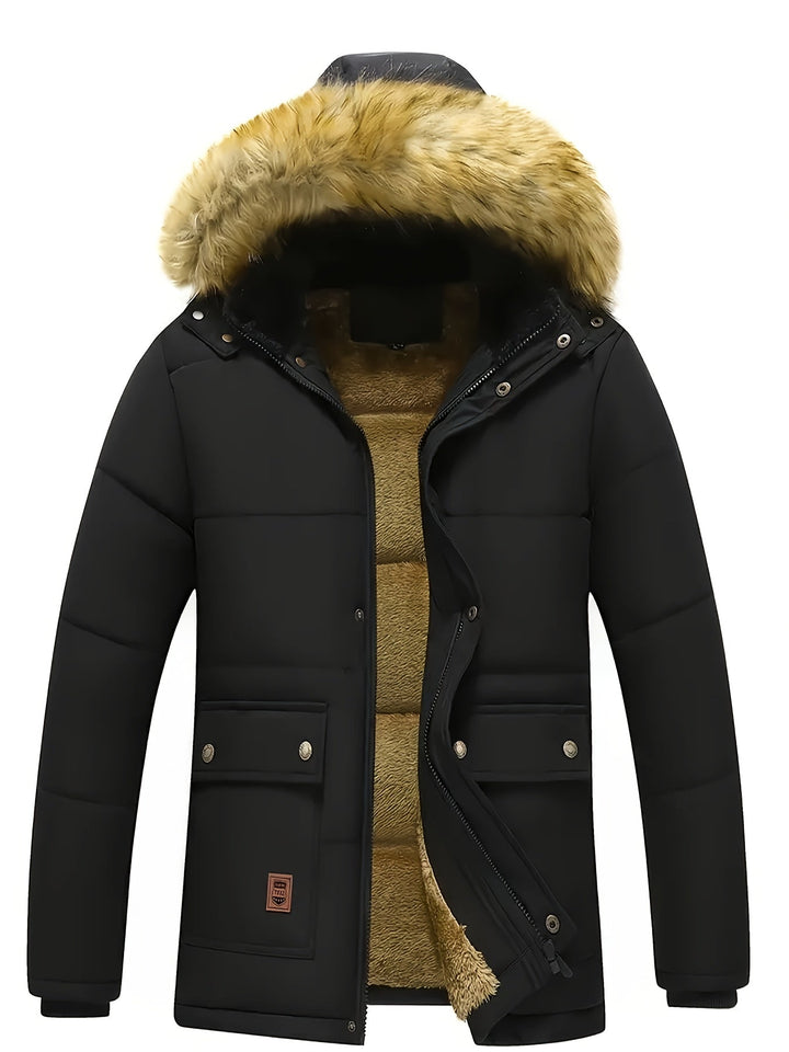 Stylish men's quilted winter coat, a warm puffer jacket with a hood.