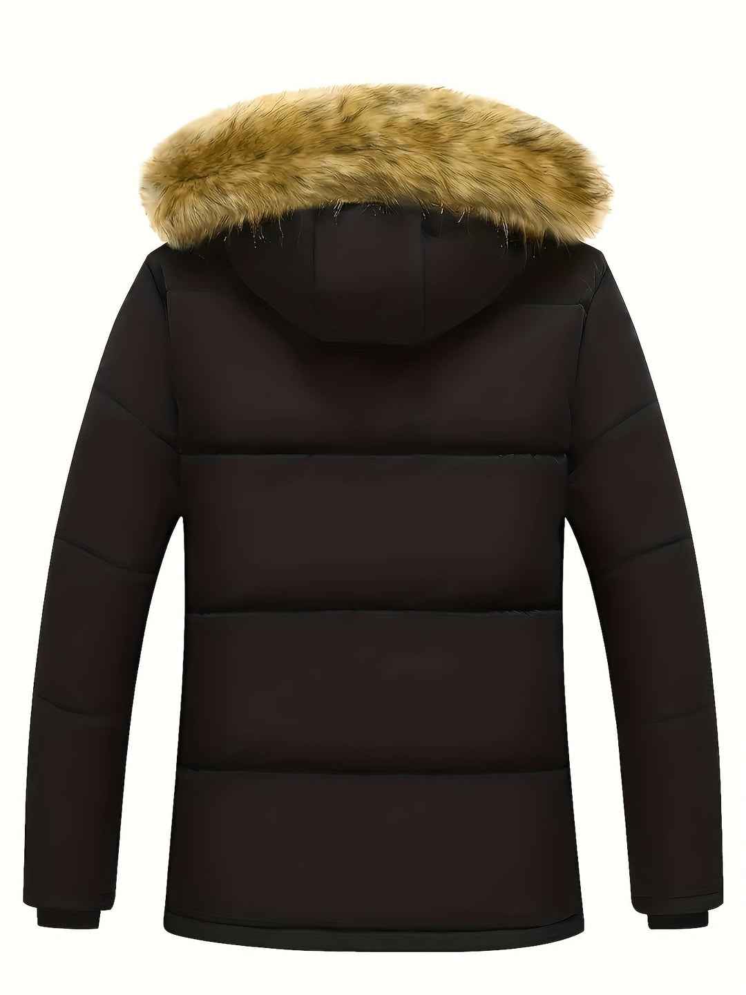Black men's hooded puffer jacket, warm quilted winter coat for cold weather.
