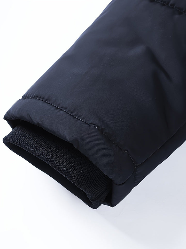 Cozy men's hooded winter jacket, a warm quilted puffer coat for cold weather.
