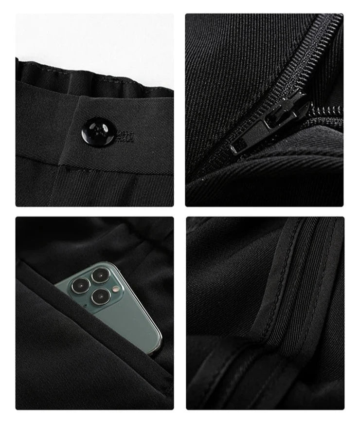 Modern men's black polyester blend trousers, relaxed fit, tailored for comfort and business casual elegance.