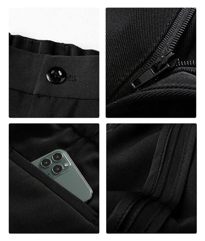 Modern men's black polyester blend trousers, relaxed fit, tailored for comfort and business casual elegance.