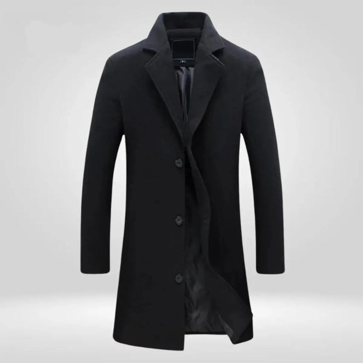 Men's single-breasted long overcoat in black, ideal men's fashion outerwear for winter, smart-casual or business looks.