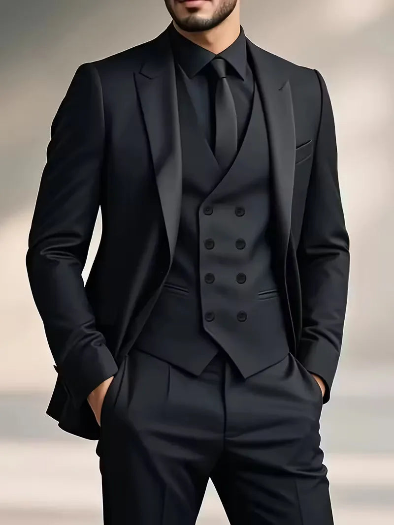 Men's black slim fit three-piece suit with double-breasted waistcoat for formal events.