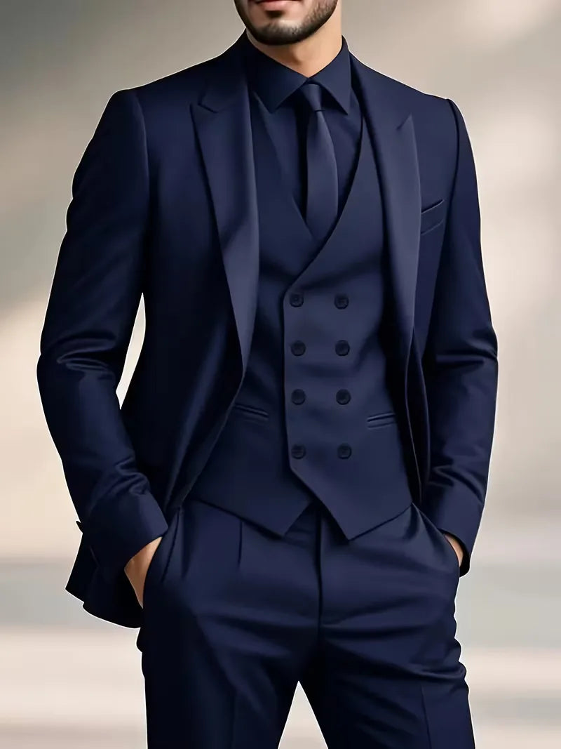 Close-up of elegant men's navy suit waistcoat and jacket lapel.