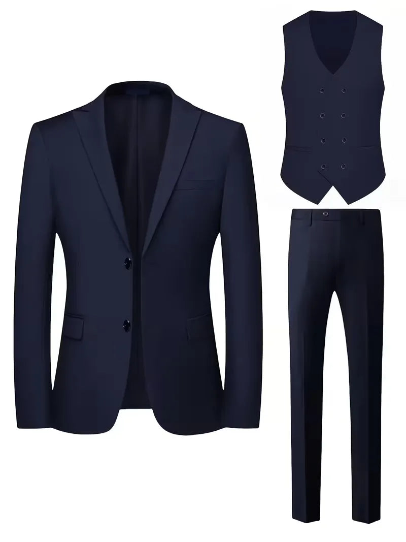 Back view of a man wearing a grey slim fit three-piece formal suit.