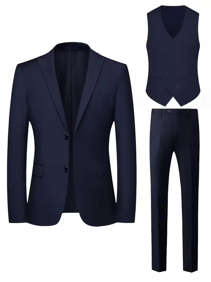 Back view of a man wearing a grey slim fit three-piece formal suit.