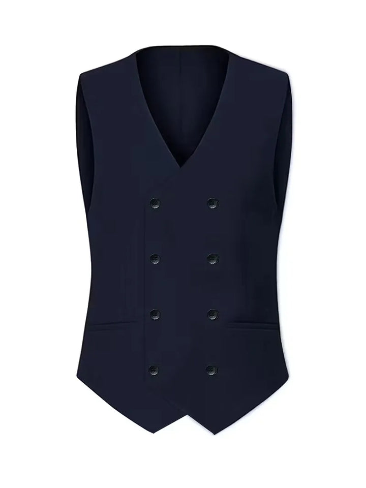 Front view of a men's burgundy slim fit suit, showcasing the waistcoat.