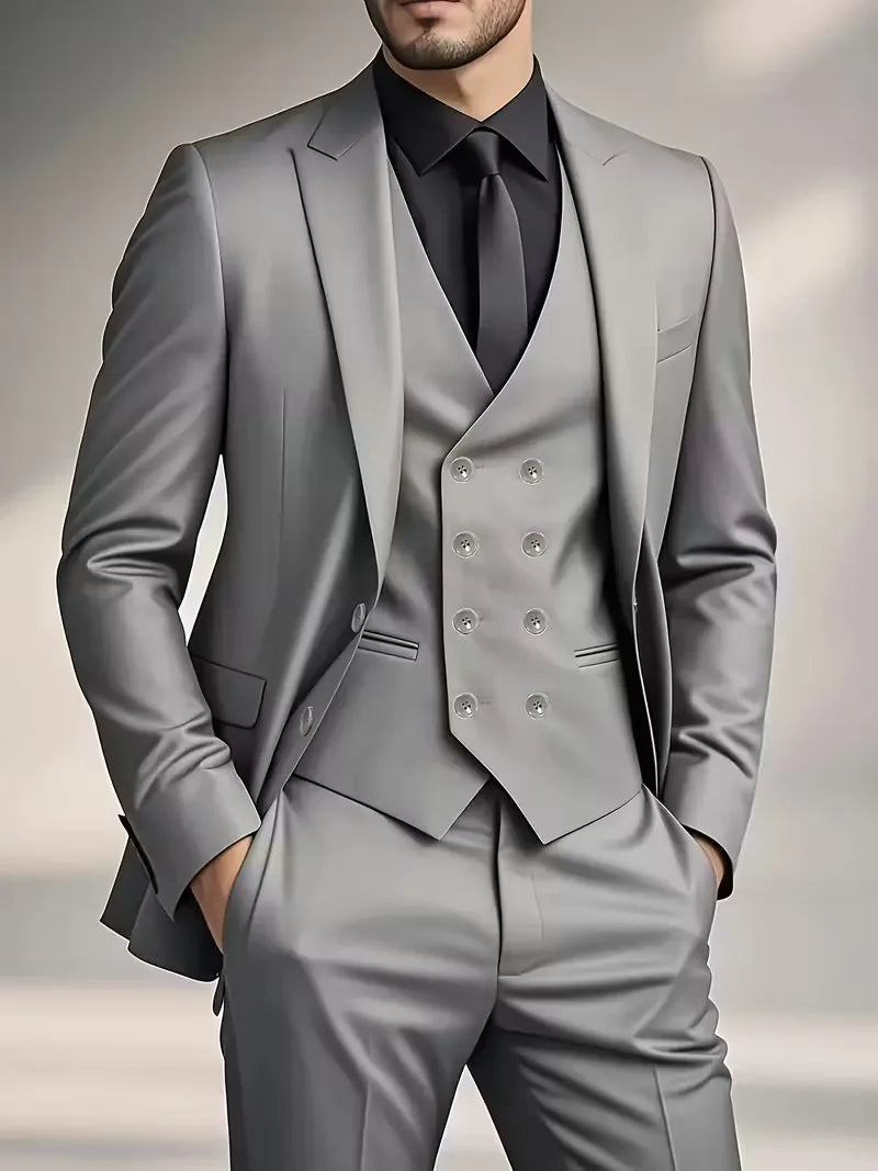 Men's formal wear: a sophisticated burgundy slim fit three-piece suit.