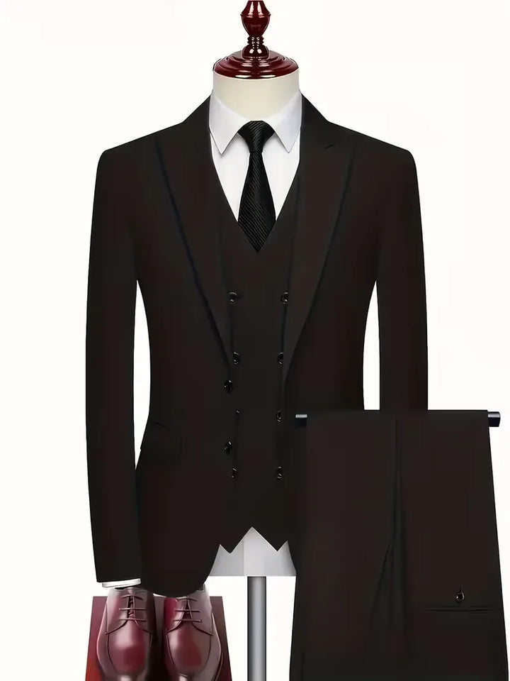 Elegant navy blue men's slim fit 3-piece suit set with waistcoat for weddings.