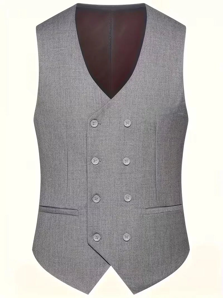 Fashionable men's slim fit grey suit set with elegant waistcoat.