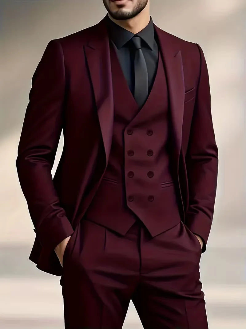 Elegant black slim fit suit for men, featuring a double-breasted vest.