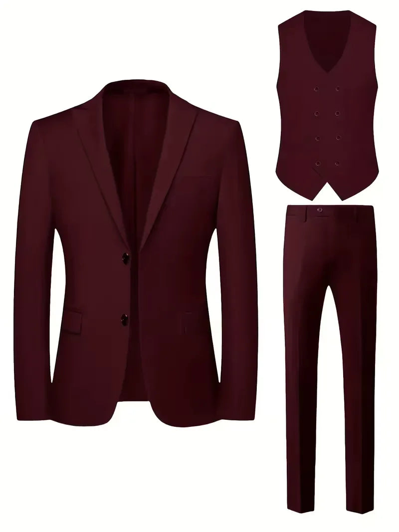 Complete men's slim fit formal suit set: jacket, trousers, and waistcoat.