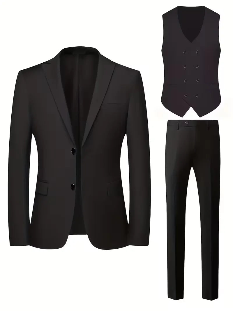 Stylish grey men's slim fit formal suit featuring a double-breasted waistcoat.