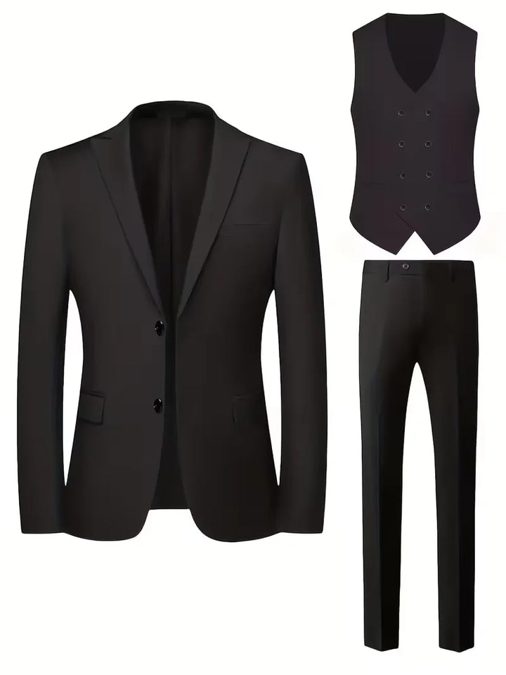 Stylish grey men's slim fit formal suit featuring a double-breasted waistcoat.