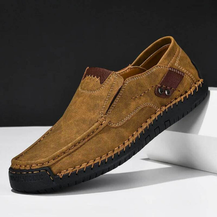 Comfortable men's casual shoes featuring easy slip-on design and orthopedic arch support.