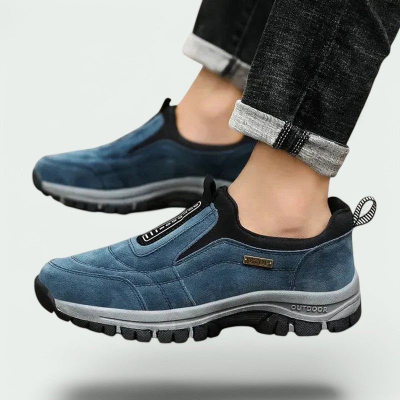 Men's black slip-on walking shoes for comfortable everyday wear.
