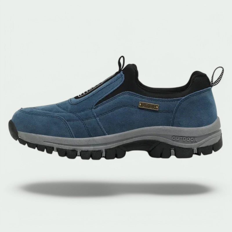 Side view of supportive men's slip-on outdoor walking shoes.