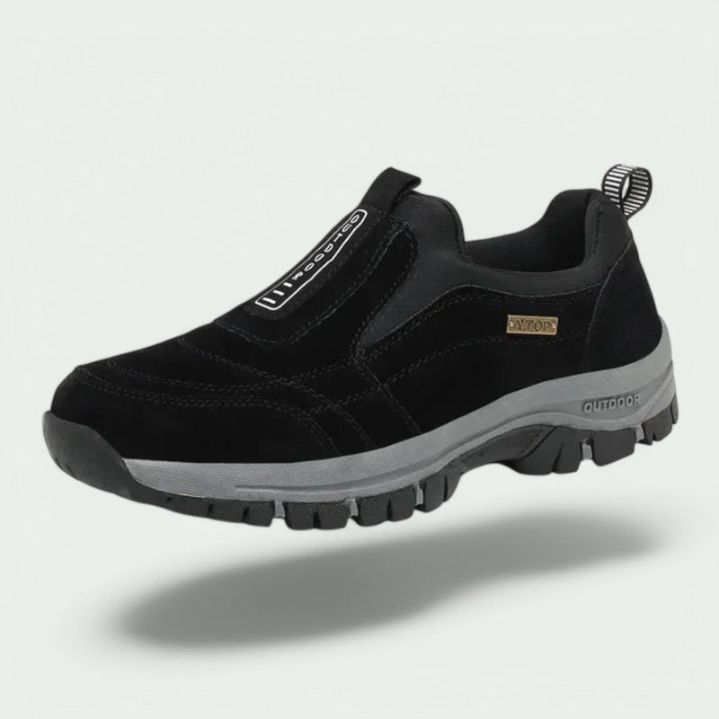 Man wearing comfortable slip-on shoes, perfect for walking and casual outings.