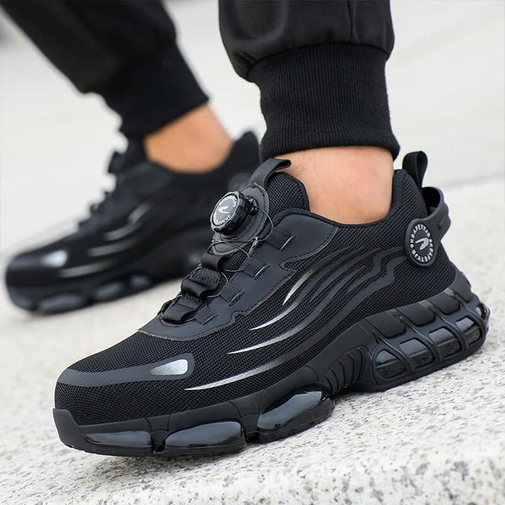 Men's black steel toe safety trainers with quick dial fastening for industrial work. Non-slip, comfortable athletic design.