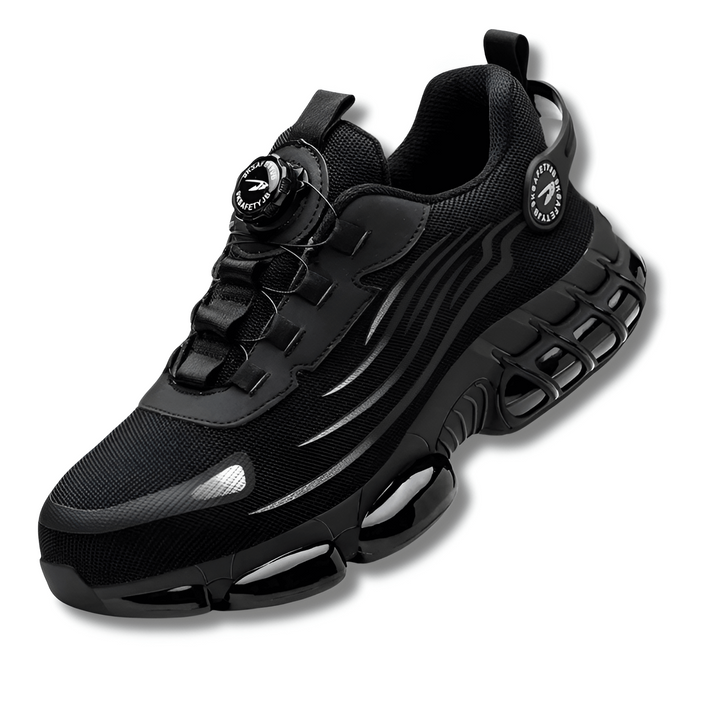 Protective men's work shoes: steel toe cap, dial fastening. Grey & black athletic safety trainers for industrial comfort.