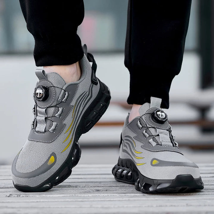 Durable men's safety trainers with steel toe protection & convenient dial fastening. Ideal non-slip work shoes for industry.