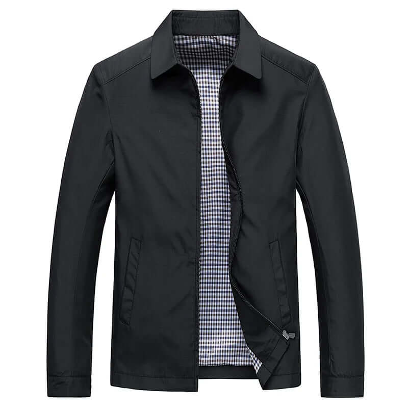 Stylish men's rain jacket, water-resistant long sleeve coat. Lightweight all-weather outerwear for daily wear.