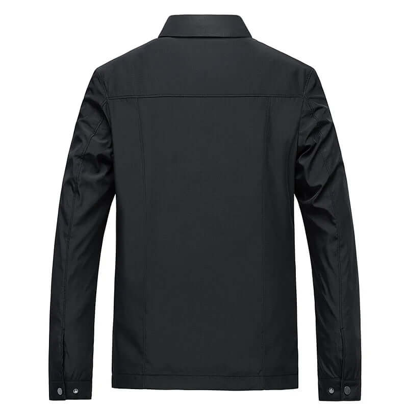 Black men's water-resistant long sleeve jacket. Lightweight, all-weather casual coat for versatile daily wear.