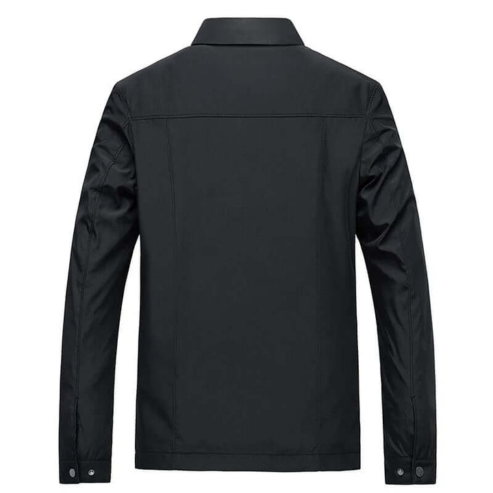 Black men's water-resistant long sleeve jacket. Lightweight, all-weather casual coat for versatile daily wear.
