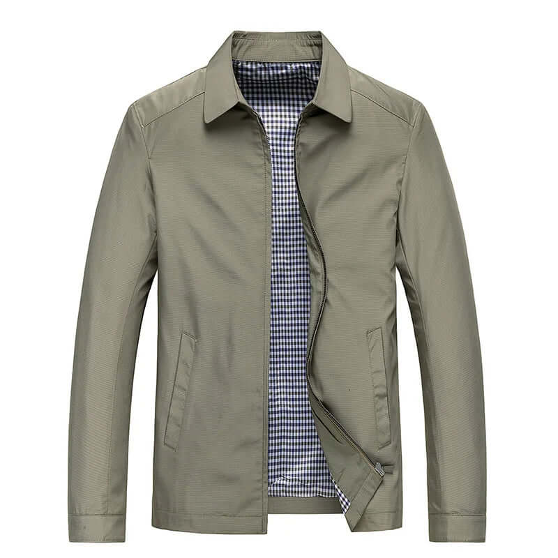 Khaki men's water-resistant long sleeve coat. Stylish lightweight outerwear, ideal as a versatile rain jacket.