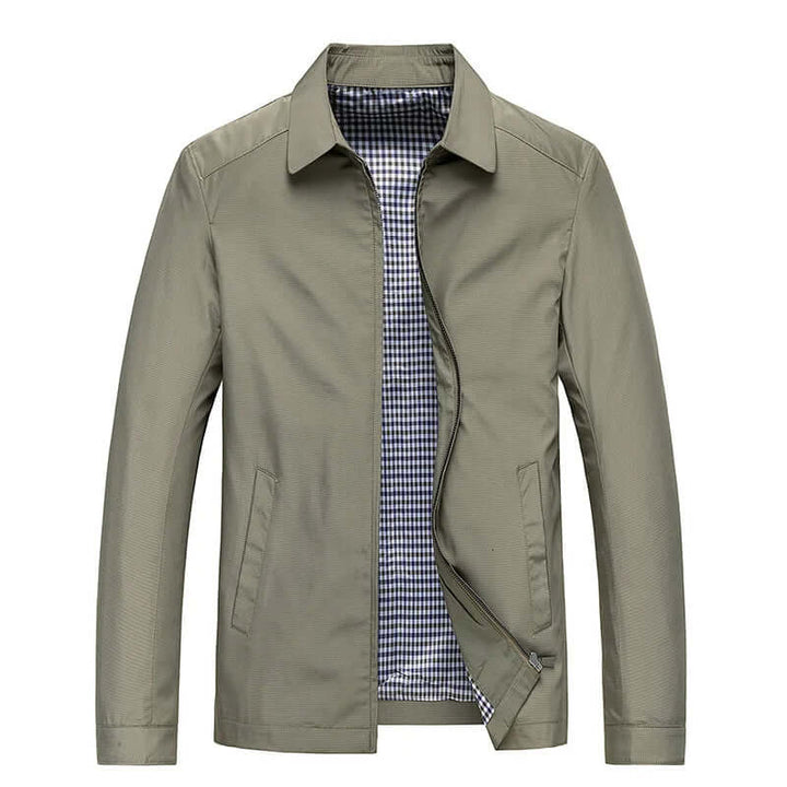 Khaki men's water-resistant long sleeve coat. Stylish lightweight outerwear, ideal as a versatile rain jacket.
