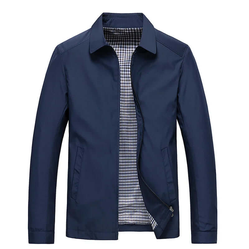 Blue men's long sleeve water-resistant jacket. All-weather casual outerwear, a stylish & versatile men's coat.