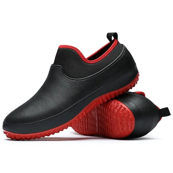 Men's black waterproof slip-on work shoes with non-slip sole for comfort