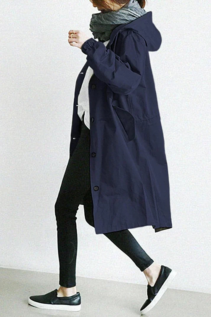Classic black men's waterproof trench coat with detachable hood, perfect for business or casual rain protection.