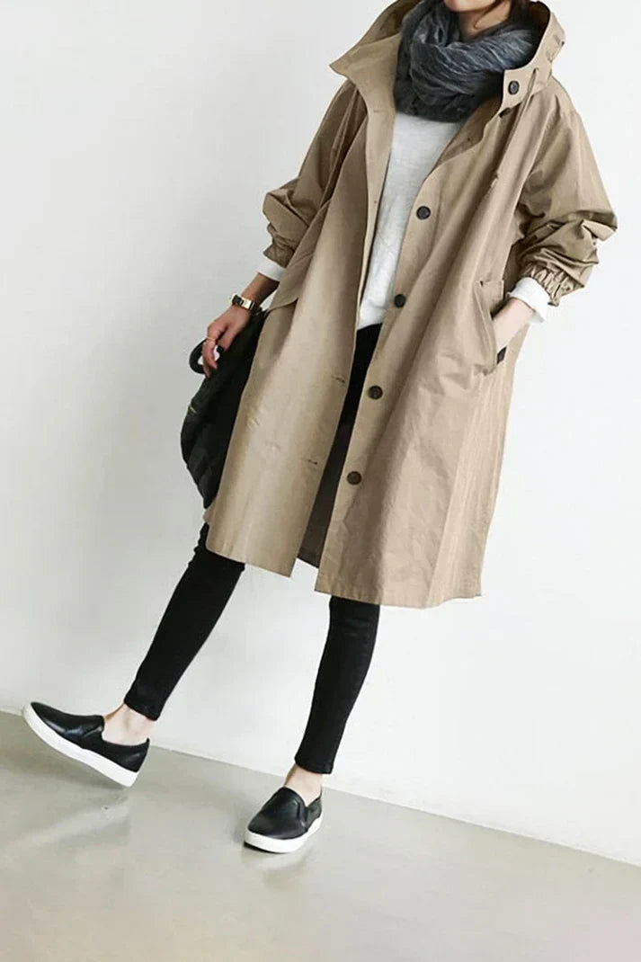 Men's waterproof rain coat with hood, providing excellent weather protection. Durable long trench jacket for men.
