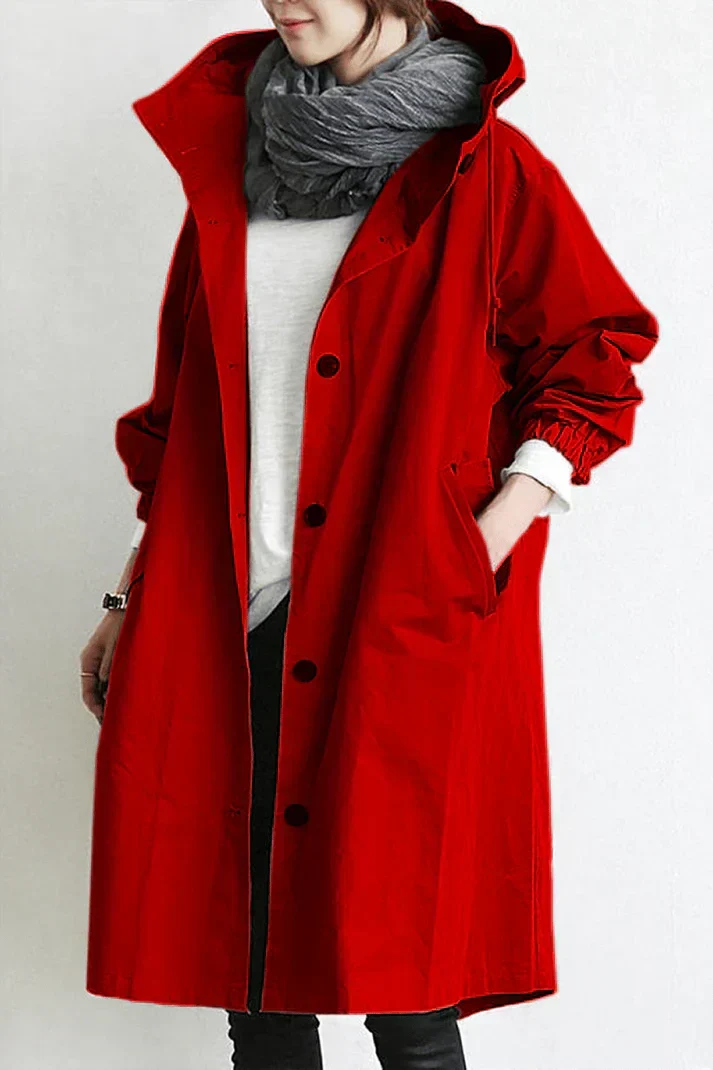 Full-length view of a men's long waterproof trench coat with hood, offering maximum coverage and style.