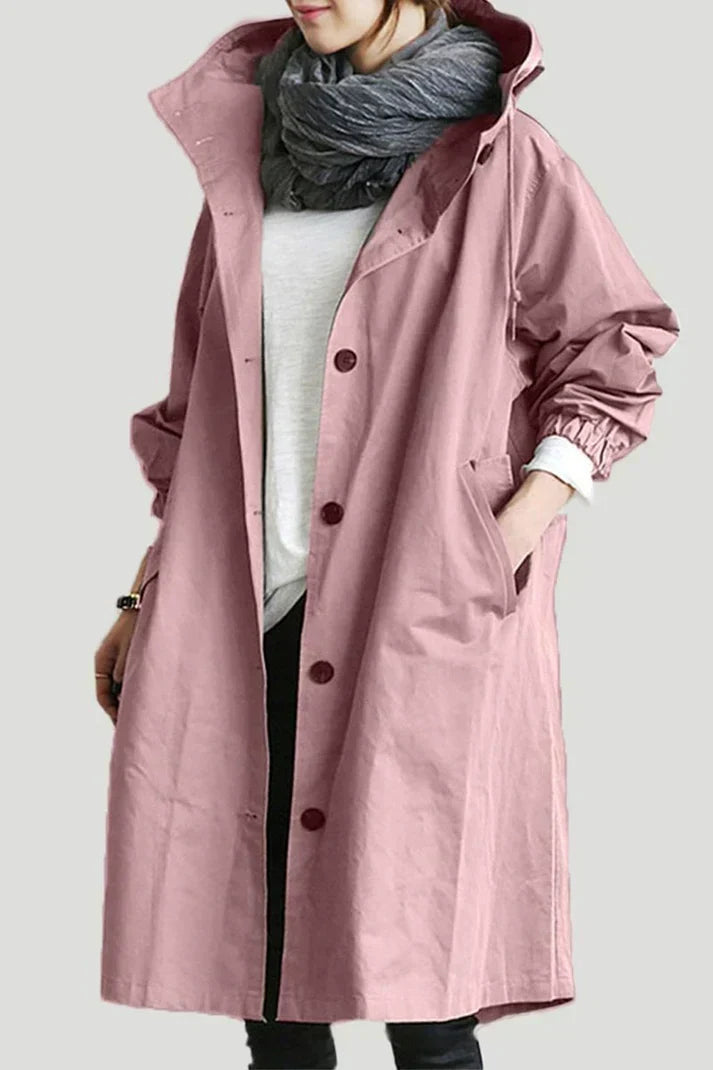 Warm men's hooded trench coat, waterproof long jacket for rain. Stylish outerwear for effective weather protection.