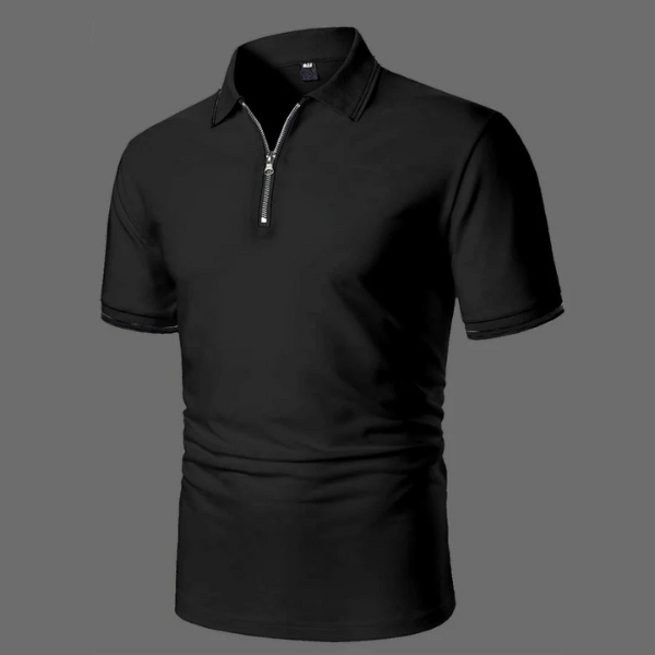 Men's black zip polo shirt, short sleeve, smart-casual for versatile everyday summer style.