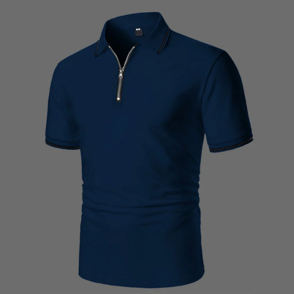 Comfortable men's short sleeve zip polo shirt, ideal for modern smart-casual summer outfits.