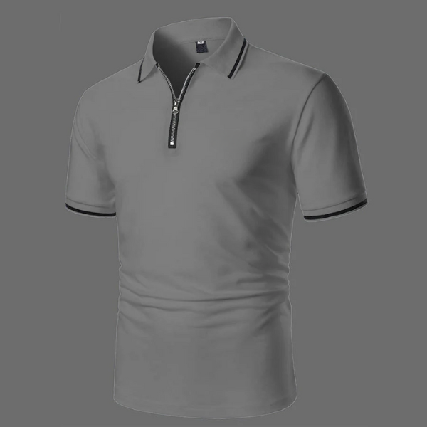 Versatile men's short sleeve zip-up polo, perfect for smart-casual wear, offering comfort & modern look.
