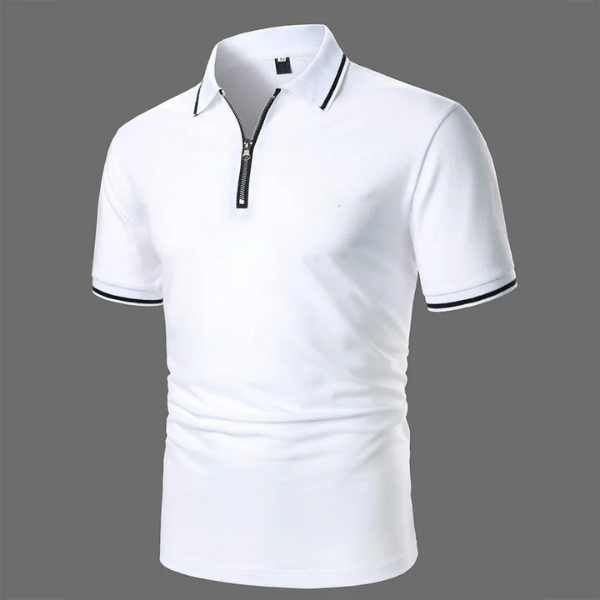 Men's smart-casual short sleeve zip polo top, comfortable and modern for everyday summer fashion.