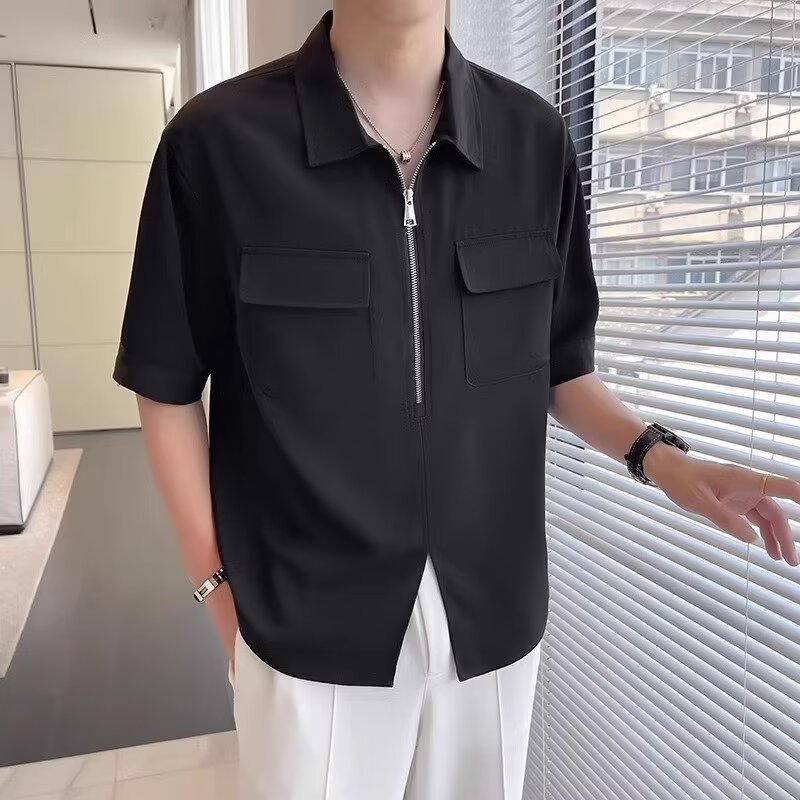 Men's black zip-up casual shirt with short sleeves & collar. Relaxed fit for effortless summer style & everyday wear.